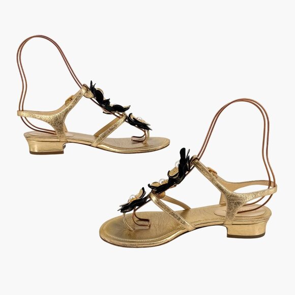 Chanel Camellia Pearl T-Strap Sandals Gold Leather Size 37C US 6–6.5 Women Flat - Picture 11 of 15
